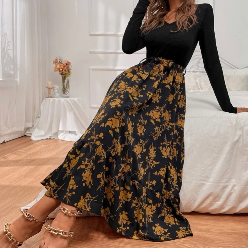 Dress: Belted, A Line, floral with full sleeves. Fall Colours. Size 10